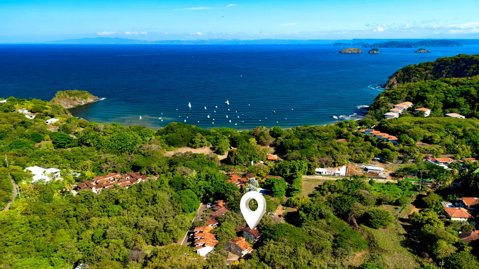 Drone photo of Ocotal bay with Vista Ocotal marked