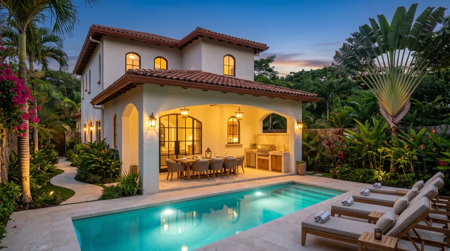 Artist's rendering: rear terrace and pool at dusk