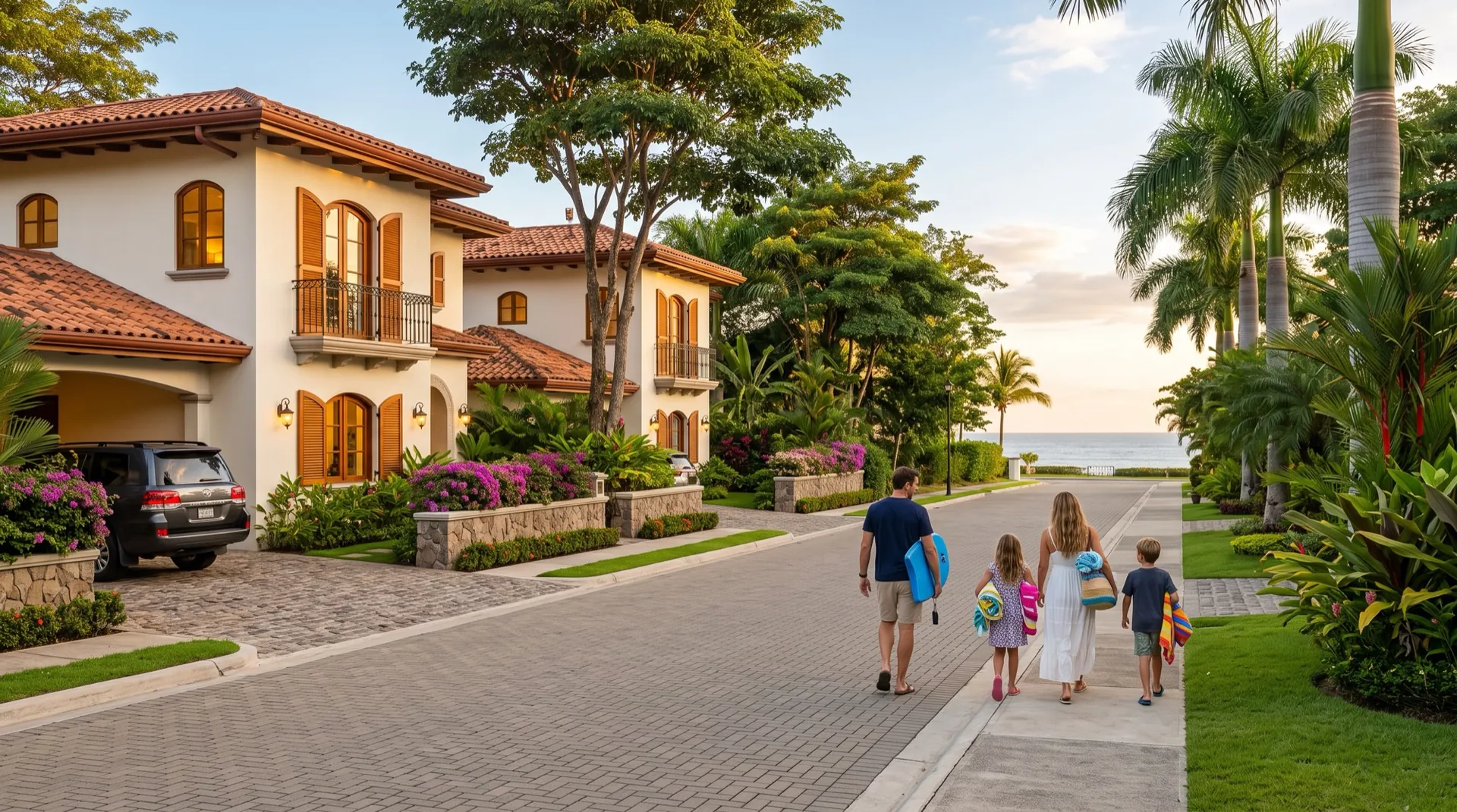 Artist's rendering of a family walking down a flat lane toward the beach